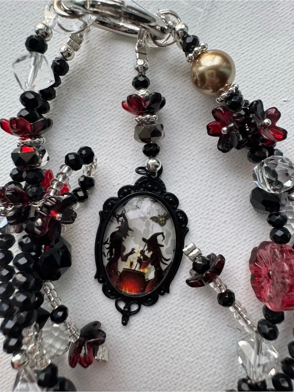 Black and Burgundy Witch Silhouette Beaded Phone Charm